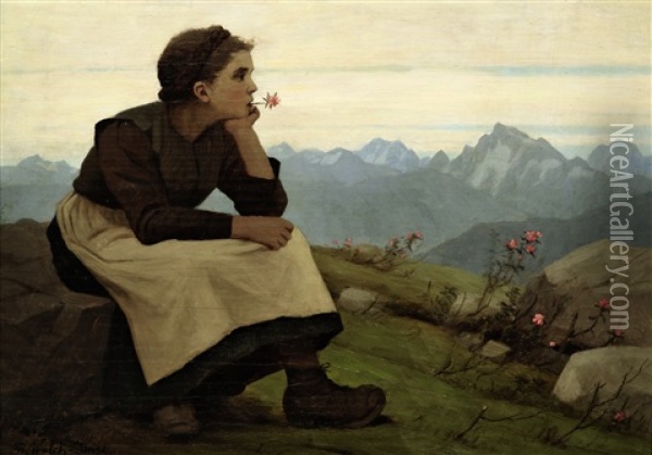 Madchen Im Gebirge, In Die Ferne Blickend Oil Painting - Thomas Walch