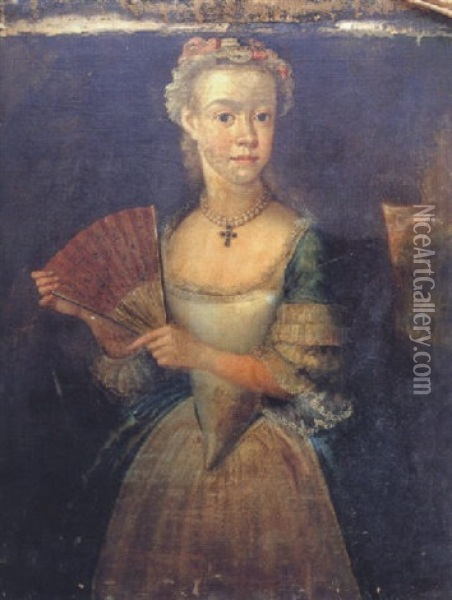 Portrait Of Elizabeth Green Aged Ten Years, Wearing A Triple String Of Pearls With A Gem-set Cross Pendant, And Holing A Fan In Her Left Hand Oil Painting - Thomas Hudson