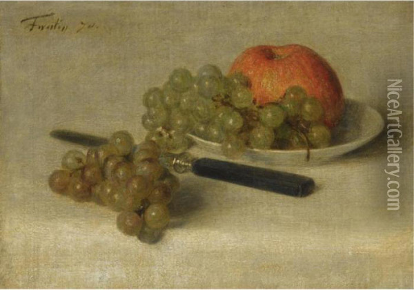 A Still Life With An Apple And Grapes Oil Painting - Ignace Henri Jean Fantin-Latour