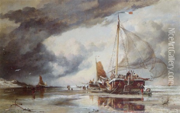 On The Dutch Coast At Camperdown: A Squally Day - Tide Out Oil Painting - Edward William Cooke