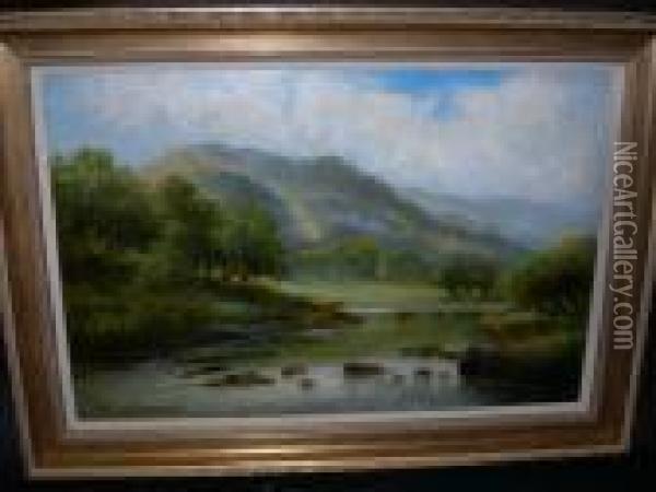 Cattle Watering Ina Highland River Landscape Oil Painting - William Langley