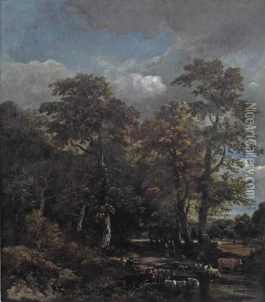 A Wooded Landscape With Cattle Crossing A Stream Oil Painting - Jan van Kessel