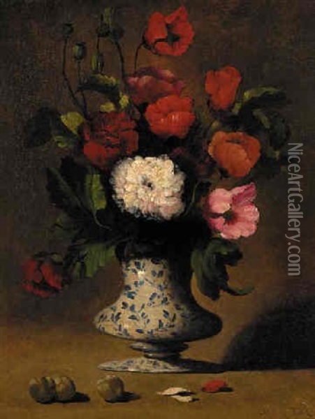 Flowers In A Blue And White Vase Oil Painting - Germain Theodore Ribot