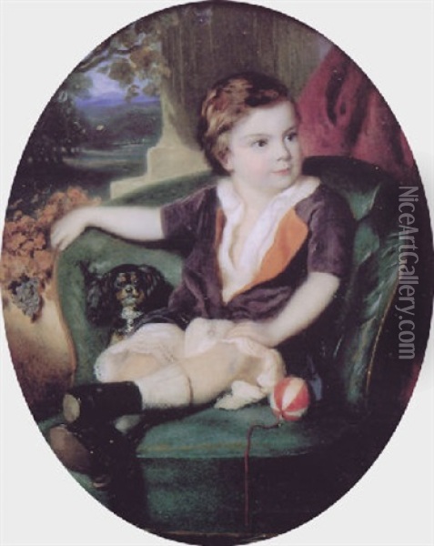 Portrait Of A Young Boy, Seated, In Purple Suit With Orange Facings, A Kind Charles Spaniel At His Side Oil Painting - Eduard Kaiser
