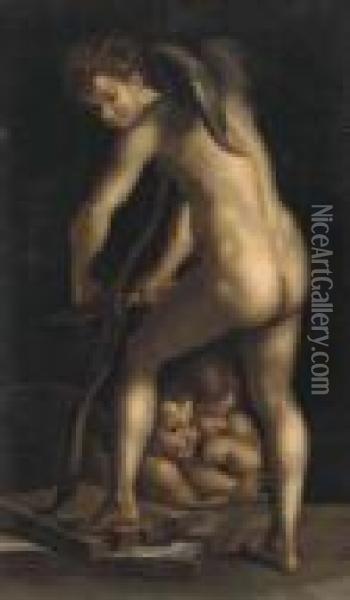 Cupid Carving His Bow Oil Painting - Girolamo Francesco Maria Mazzola (Parmigianino)