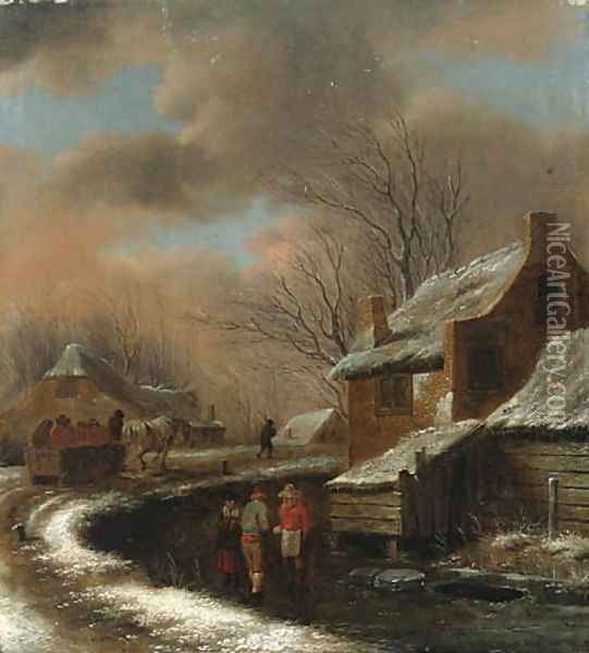 A Winter Landscape with Peasants in a Village, travellers in a cart on a path beyond Oil Painting - Claes Molenaar (see Molenaer)