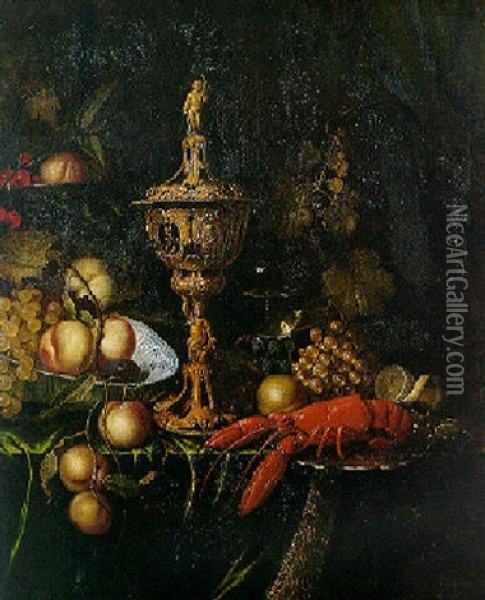 Nature Morte Au Homard, Pieces D'orfevreries Et Coupe De Fruits Sur Un Entablement Oil Painting - Pieter Nason