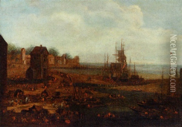 A Harbour Scene With Travellers In Tents Along The Coastline Oil Painting - Pieter Bout