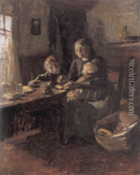Moeder Met Twee Kinderen Aan Tafel Voor Het Venster Oil Painting - Albert Johan (Jan) Neuhuys