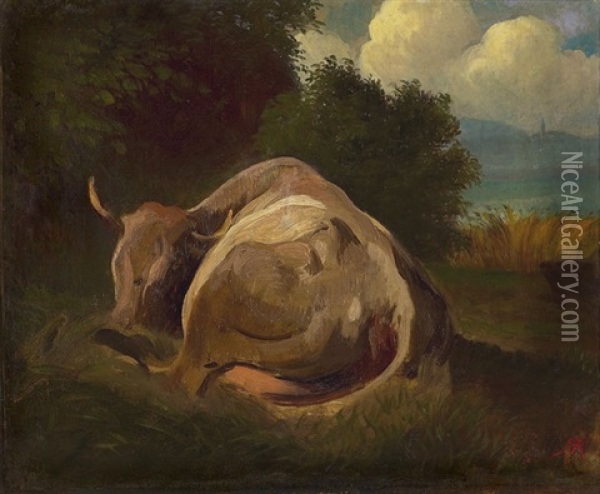 Liegende Kuh Vor Seeuferlandschaft Oil Painting - Johann Rudolf Koller