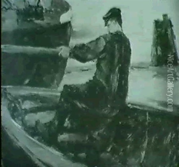 Hafenarbeiter In Nahansicht Von Schrag Hinten In Einem      Ruderboot, Der Hintergrund Das Hafens Nur Schemenhaft Oil Painting - Leonhard Sandrock