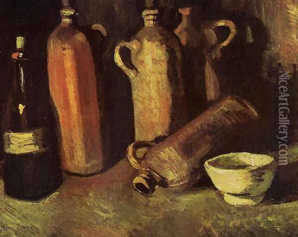 Still Life With Four Stone Bottles Flask And White Cup Oil Painting - Vincent Van Gogh