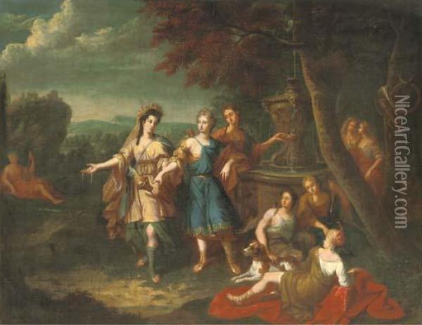 Diana And Her Nymphs By A Fountain Oil Painting - Gerard Hoet