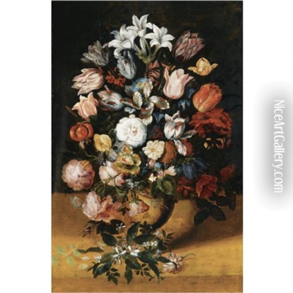 Still Life Of Parrot Tulips, Morning Glory, Roses, Peonies, Lilies, Snowdrops And Other Flowers In A Stone Vase, Together With A Butterfly Oil Painting - Jan Brueghel the Elder