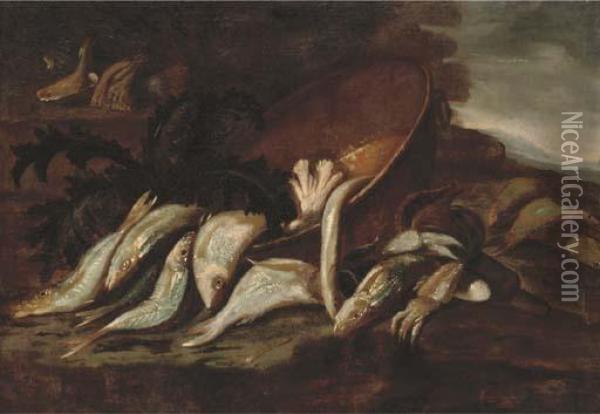 A Still Life Of Dead Fish And An Artichoke In A Copper Pot Oil Painting - Elena Recco