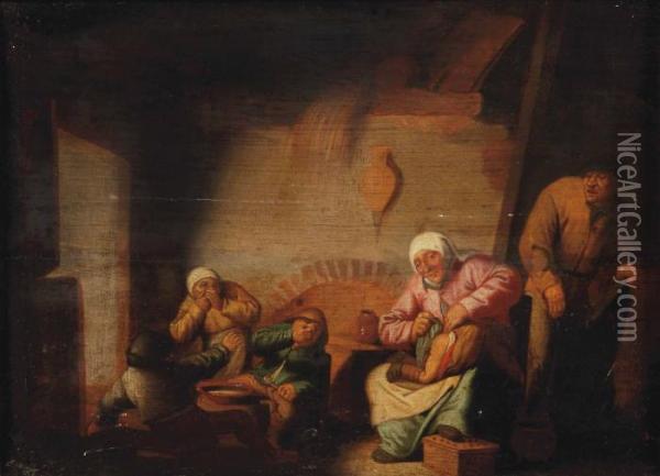The Sense Of Smell: Boors In An Interior With A Peasant Woman Wiping A Baby's Bottom Oil Painting - Adriaen Jansz. Van Ostade
