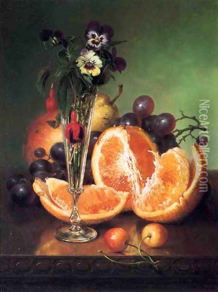 Fruit, Flowers and a Wineglass on a Tabletop Oil Painting - Robert Spear Dunning