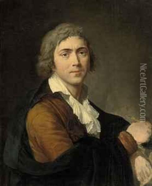 Self-portrait Of The Artist, Half-length, In A Brown Coat And A Brush In His Right Hand Oil Painting - Francois-Guillaume Menageot