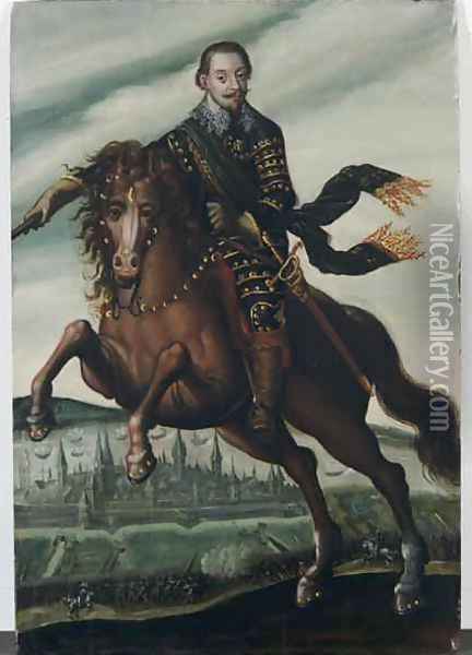 Portrait of Gustavus Adolphus II King of Sweden on horseback in the Battle of Stralsund Oil Painting - Jacob van der Heyden