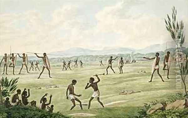 Contest with spears shields and clubs from his Drawings of the natives and scenery of Van Diemens Land 1830 Oil Painting - Joseph Lycett