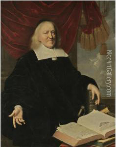 Portrait Of Hendrik Thibaut, 
Three-quarter Length Seated Before A Red Curtain Wearing Black, With His
 Left Hand Resting On A Copy Of The Bible And On A Table In Front Of Him
 An Open Copy Of Annales Et Histoires Des Troubles Du Pais-bas , A View 
Of Oil Painting - Pieter Nason