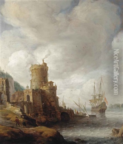 A Mediterranean Capriccio Harbour With A Dutch Man-o-war Mooring Oil Painting - Jan Abrahamsz. Beerstraten