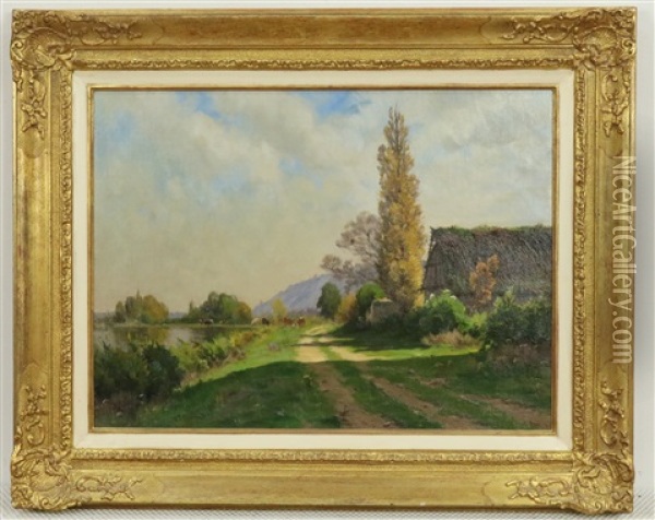 Een Landschap Langs De Rivier Oever Oil Painting - Adrien Jacques Sauzay