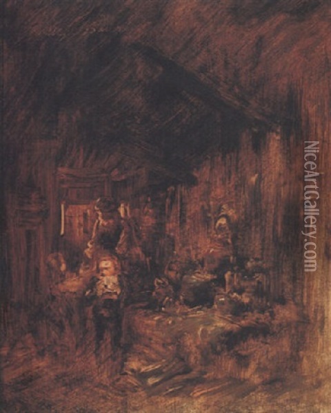 Essende Kinder Und Bauerin Im Stall Oil Painting - Wilhelm Busch