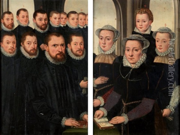 Portrait D'un Pere De Famille, De Ses Proches Et De Ses Garcons Et Mere Et Ses Trois Filles (2 Works) Oil Painting - Pieter Jansz Pourbus