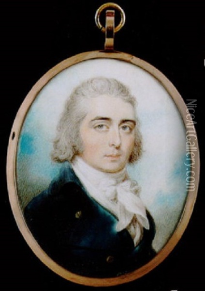 A Portrait Of A Gentleman With Natural Powdered Hair Wearing Blue Coat With Gold Buttons, White Waistcoat And Tied Cravat Oil Painting - Philip Jean