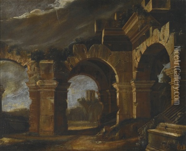 An Architectural Capriccio Of Ruined Arches In An Italianate Landscape, A Tower Beyond; And An Architectural Capriccio With An Ionic Portico And A Ruined Basilica Beyond Oil Painting - Niccolo Codazzi