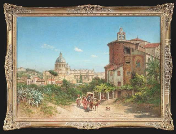 View From A Bank To The Vatican City With The Cupola Of St. Peter Oil Painting - Carl Hetz