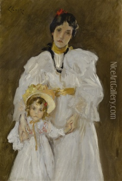 Double Portrait: A Sketch (sketch For The Portrait Of Mother And Child) Oil Painting - William Merritt Chase