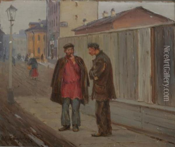 Men In Conversation, Arbat District,moscow Oil Painting - Mikhail Abramovich Balunin