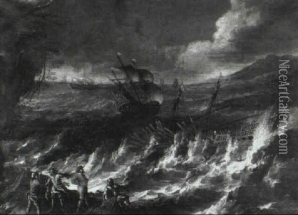 A Man Of War Foundering Off A Rocky Coastline With Other    Ships In Stormy Seas Beyond Oil Painting - Antonio Maria Marini