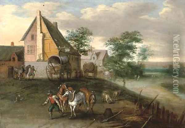 A landscape with farm labourers, their horses and wagons, buildings beyond Oil Painting - Jan Brueghel the Younger