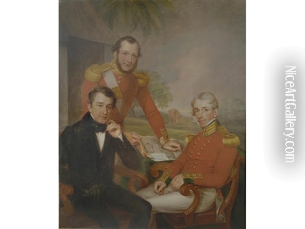 Triple Portrait Of Colonel Sir James Jackson, Major George Lee, And Major General Brice Wakeford Lee Oil Painting - James Leakey