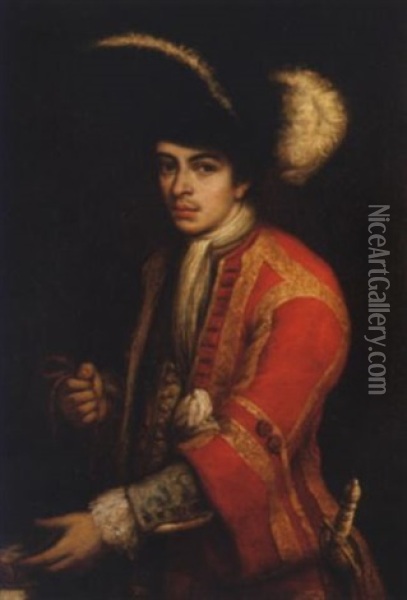 Portrait Of A Young Man In A Scarlet Coat, A Plumed Hat And Holding A Hound On A Leash At His Side Oil Painting - Vittore Giuseppe Ghislandi (Fra' Galgario)