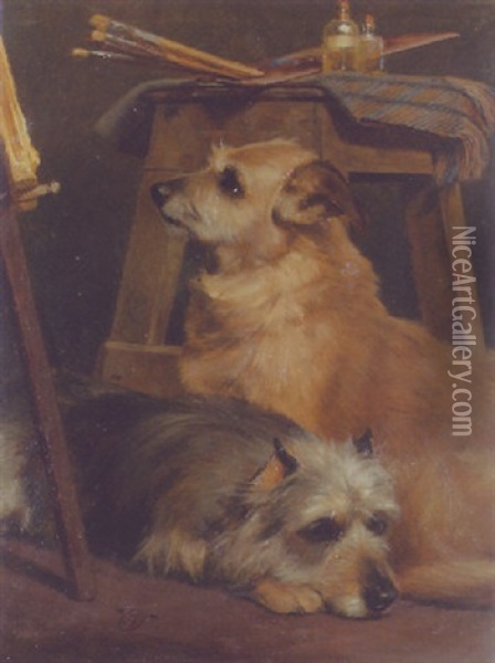 Models At Rest; Two Terriers In The Artist's Studio Oil Painting - William Osborne