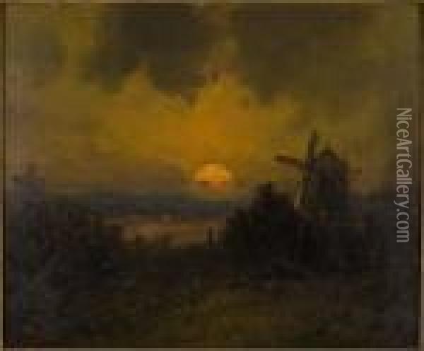 Moonlight, Oil On Board, 
Depicting A Windmill In A Landscape, Signed Lower Left. Framed: 13 In. X
 15 In Oil Painting - Henry Andrews