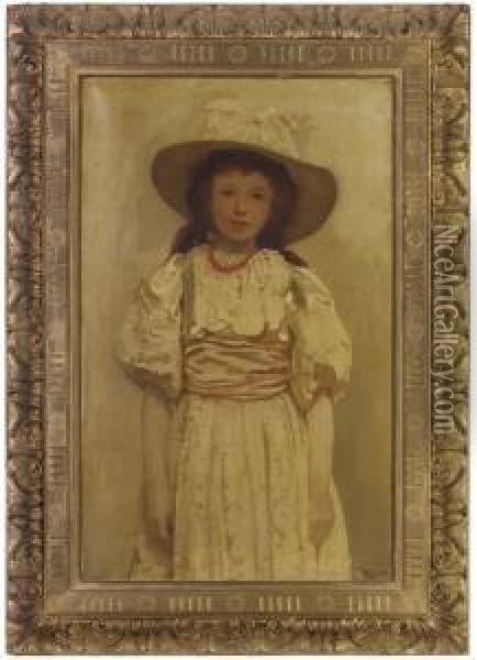 Portrait Of A Girl, Three-quarter-length, In A Yellow Dress, Yellowhat And Red Necklace Oil Painting - Arthur Dampier May