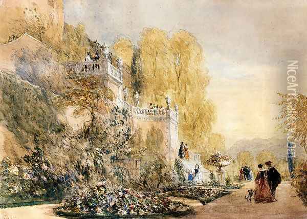 Figures On The Terraces At Powis Castle, Montgomeryshire Oil Painting - David Cox