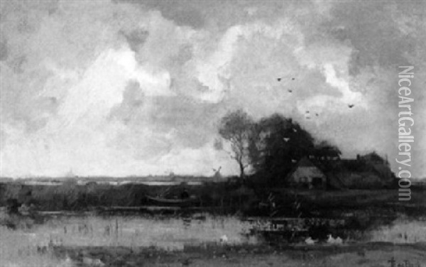 A Farm In A Polder Landscape Oil Painting - Theophile De Bock