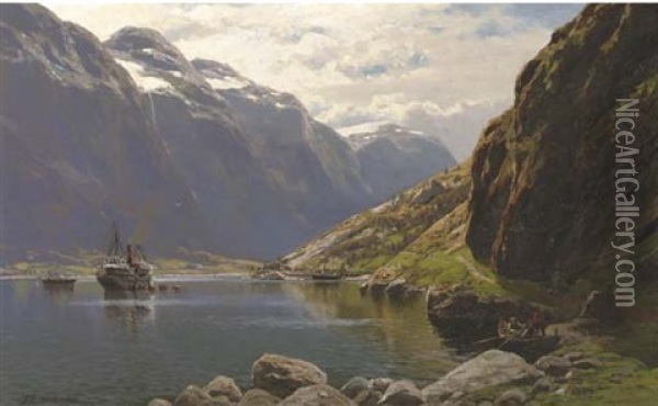 By Gudvangen Am Naerofjord: A Norwegian Fjord Oil Painting - Karl Paul Themistocles von Eckenbrecher