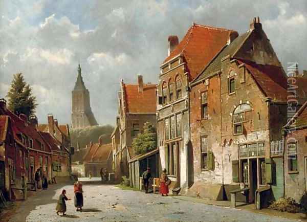 A sunlit street in a Dutch town Oil Painting - Willem Koekkoek