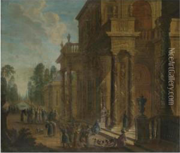 A Capriccio Of A Palace Exterior With Figures Conversing In The Foreground Oil Painting - Jan Baptist Van Der Straeten