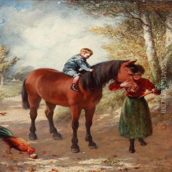 Mother And Son Rewarding The Horse With A Carrot Oil Painting - Trajan Hughes