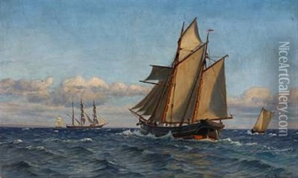 Seascape With Sailing Ships On The Great Sound Oil Painting - Christian Blache