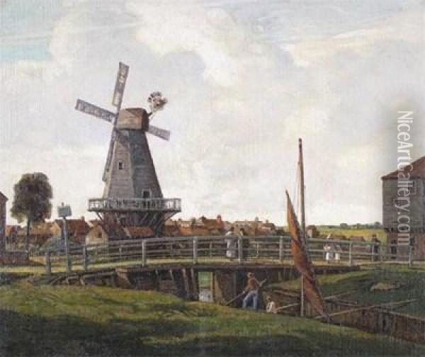 Dutch Canal Scene With Figures And Boats By A Windmill Oil Painting - George Graham