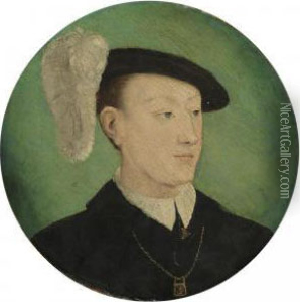 Portrait Of A Young Man, Head 
And Shoulders, Wearing A Black Coat And A Feathered Hat, Possibly 
Francois, Dauphin Of France (1518-1536) Oil Painting - Corneille De Lyon